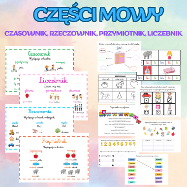 Części mowy- czasownik, rzeczownik, przymiotnik, liczebnik