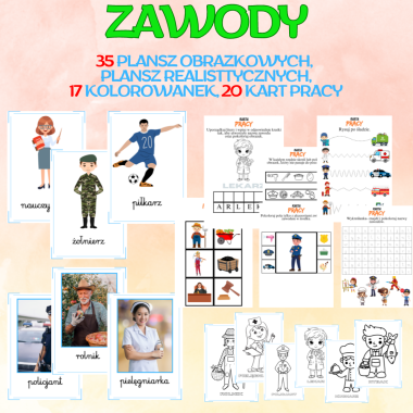 ZAWODY ( 35 plansz obrazkowych, 35 plansz realistycznych, 20 kart pracy, 17 kolorowanek)