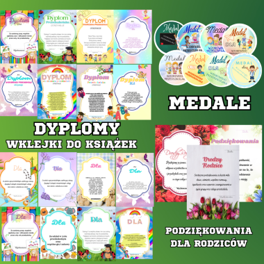 Dyplomy, medale, wklejki, podziękowania
