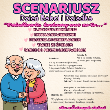 Scenariusz + 5x GIRLANDA na Dzień Babci i Dziadka pt. "Dziadkowie, kochamy was za to..."